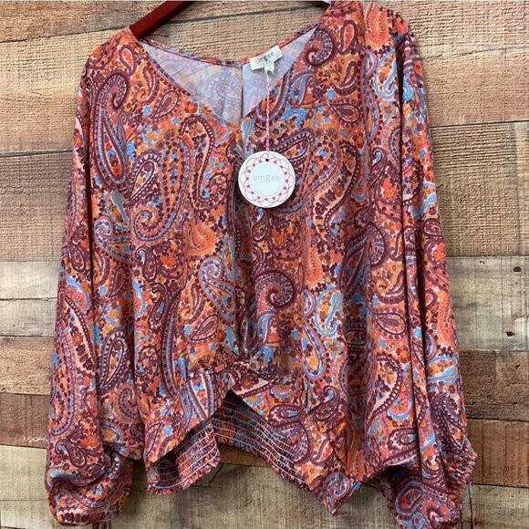 Umgee Womens Boho Paisley Print V-Neck Long Sleeve Blouse - Size L - Picture 2 of 6